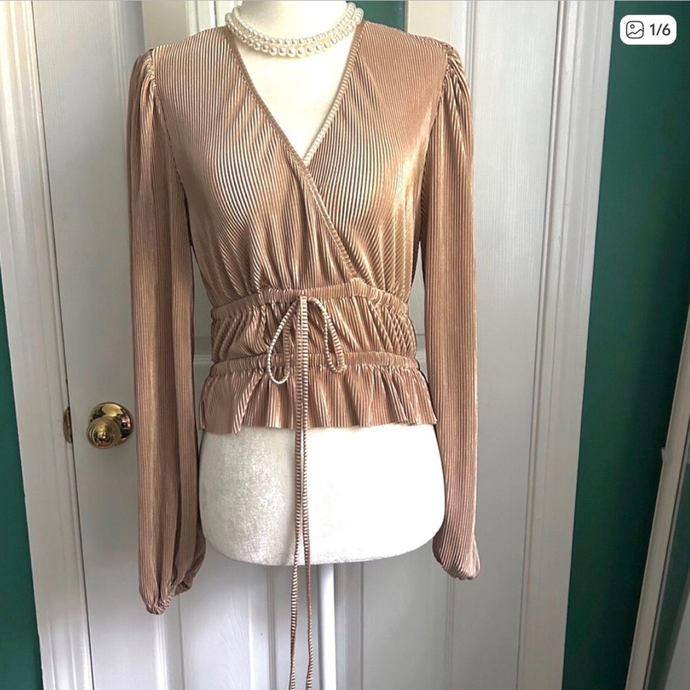 Sincerely Jules Shimmery Ribbed Tan Wrap Blouse small